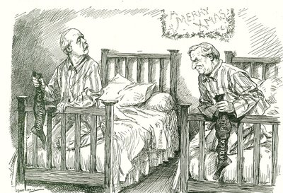 クリスマス・ストッキングを手にした保守党のアーサー・バルフォーと自由党のハーバート・アスキス。1910年12月の総選挙では、両党とも過半数には届かなかった。アスキスはアイルランド国民党との連立政権を樹立した。レナード 作： Leonard Raven Hill