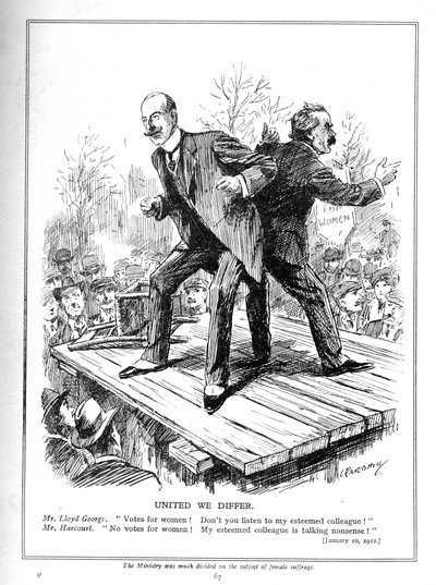 自治政府の両大臣であるロイドジョージとハーコートは、1910年に女性に投票することについて意見の相違がある 作： Leonard Raven Hill
