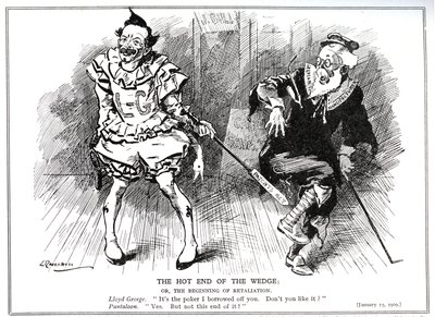1907年、1909年の「特許および意匠法」により、貿易委員会の会長としてのロイドジョージは、イギリスの産業をドイツの競争から保護しました。 作： Leonard Raven Hill