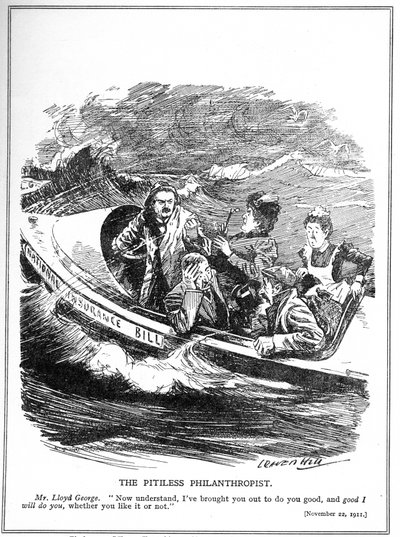 救命ボートの船員として描かれているロイドジョージは、1911年に彼の国民保険法に反対しました。 作： Leonard Raven Hill