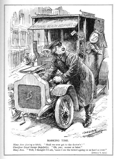 ロイドジョージは1913年に彼の国民健康保険法の下で医者に患者を連れて行くのが遅れています 作： Leonard Raven Hill