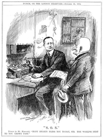 パンチ氏、1913年に海で命を救った無線電信にマルコーニに感謝 作： Leonard Raven Hill