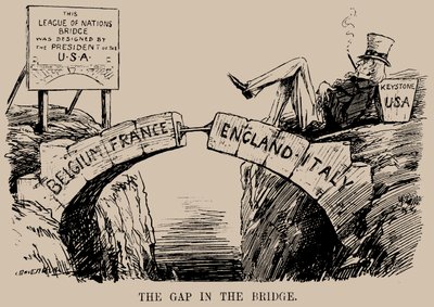 ブリッジのギャップ。 1919 年 12 月、国際連盟における米国の不在に関する漫画。 作： Leonard Raven Hill