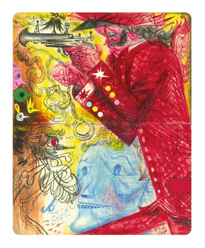 赤いコートをまとったシュールな人物像 作： Leonardo Flores