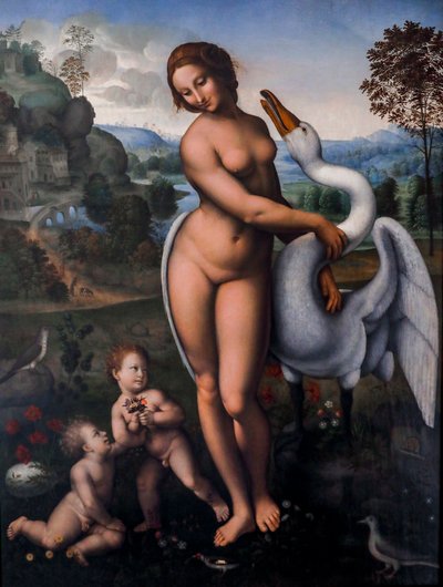 レダと白鳥、キャンバスに油彩 作： Leonardo da (after) Vinci
