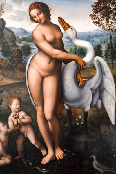 レダと白鳥、キャンバスに油彩 作： Leonardo da (after) Vinci