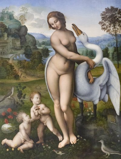 レダと白鳥、レオナルド・ダ・ヴィンチの模写（テンペラ、パネル） 作： Leonardo da (after) Vinci