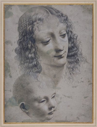 女性の頭と赤ちゃんの頭（グレーの下敷きにメタルポイント 作： Leonardo da (follower of) Vinci