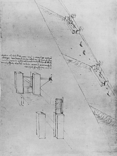 水門と堰のある運河、c1480 1945 作： Leonardo da Vinci