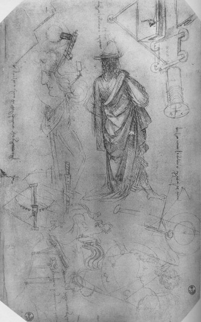 ドレープフィギュア、機械の研究など、c1480 1945 作： Leonardo da Vinci