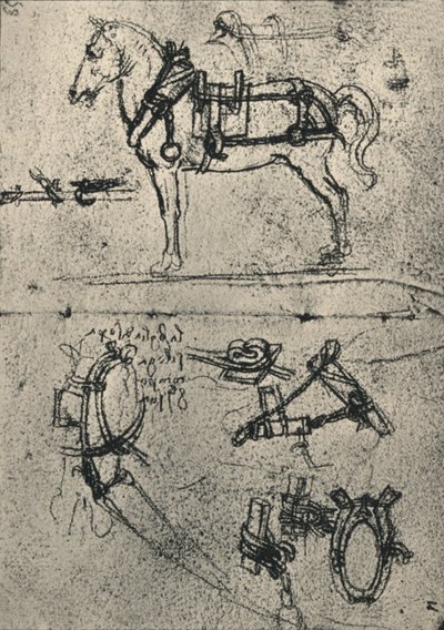 利用されたカート馬とハーネスの研究、c1480 1945 作： Leonardo da Vinci