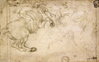 グリフィンとの戦闘における騎士、16世紀（紙のシルバーポイント） 作： Leonardo da Vinci
