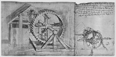解決され、4つのクロスボウを連続して発射する大きなホイール、c1480、1945 作： Leonardo da Vinci