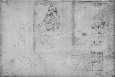 乗馬と建築スケッチに乗る象の頭を持つ男、c1480 1945 作： Leonardo da Vinci
