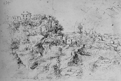 運河沿いの丘と丘の上の城、c1480 1945 作： Leonardo da Vinci