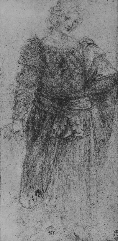 左腕に編んだ胴着とマントを着た女性、c1480 1945 作： Leonardo da Vinci