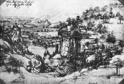 1930年の15世紀の田舎の風景のスケッチ。 作： Leonardo da Vinci
