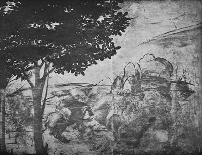 賢者の礼拝-右側の遠方での騎士の戦い、c1481 1945 作： Leonardo da Vinci