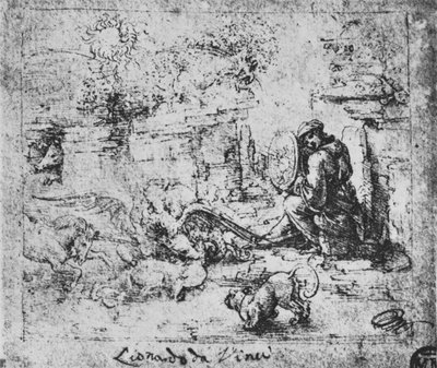 寓話：戦う動物と燃えるガラスを持つ男、c1480 1945 作： Leonardo da Vinci