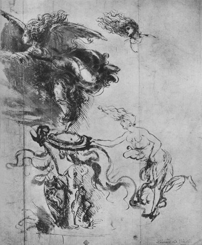 トロフィーに盾を置く天使と天使の別の研究、c1480 1945 作： Leonardo da Vinci