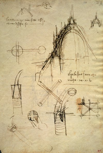 ミラノのドゥオモの建築詳細とクーポラの断面図、コード・トリブルジアヌスのf41 作： Leonardo da Vinci