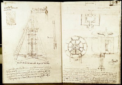 建築・軍事美術：左ページ：スピン。塔の周りのスラグ階段。梁に穴を開ける。右ページ：要塞化された都市の入口計画。海で要塞化された円形の塔の平面図と立面図。レオナルド・デ・ヴィンチ（レオナルド）（1452-1519）の手稿 パ 作： Leonardo da Vinci