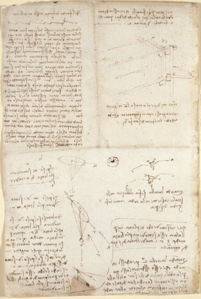 Arundel 263、f.129v、「Codex Arundel」のメモ、図表、スケッチ (紙にペンとインク) 作： Leonardo da Vinci