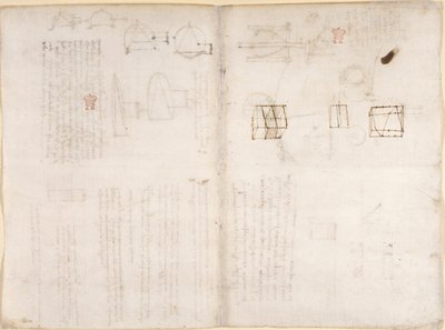 Arundel 263、f.130v、f.133 「Codex Arundel」からの図付きの空白ページ (紙にペンとインク) 作： Leonardo da Vinci