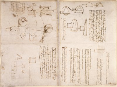 Arundel 263、f.133v、f.130r、「Codex Arundel」のメモ、概略図、および図 (紙にペンとインク) 作： Leonardo da Vinci