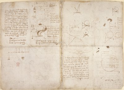 Arundel 263、f.135v、f.134、力学に関するメモと図。 「Codex Arundel」からの川の流れと水の流れに関するメモと概略図、1503年頃（紙にペンとインク） 作： Leonardo da Vinci
