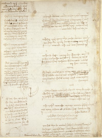 Arundel 263、f.151v、「Codex Arundel」のメモと概略図 (紙にペンとインク) 作： Leonardo da Vinci