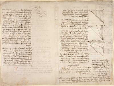 Arundel 263, f.216v, f.217 「Codex Arundel」のメモとスケッチ (紙にペンとインク) 作： Leonardo da Vinci