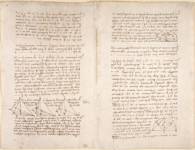 Arundel 263, f.218v, f.215 「Codex Arundel」のメモと図 (紙にペンとインク) 作： Leonardo da Vinci