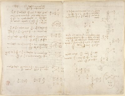 アランデル 263、f.220v、f.221、メモ; 「Codex Arundel」からの数学的計算 (紙にペンとインク) 作： Leonardo da Vinci