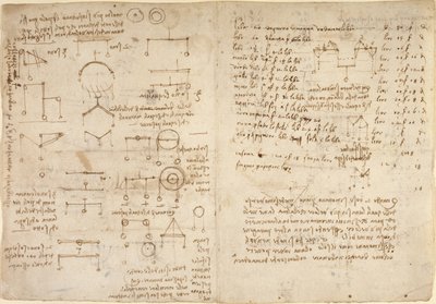 Arundel 263、f.228v、f.227 「Codex Arundel」のメカニズムに関するメモと図 (紙にペンとインク) 作： Leonardo da Vinci