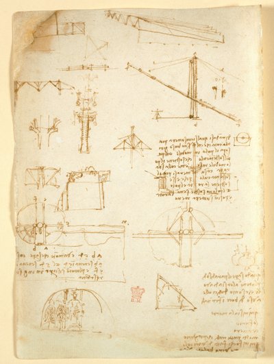 Arundel 263 f.231v、「Codex Arundel」のメカニズムに関するメモとスケッチ (紙にペンとインク) 作： Leonardo da Vinci