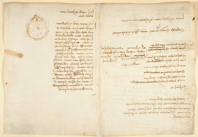 Arundel 263 f.236v、f.233 水に関するメモ。 「Codex Arundel」の地球儀を示すスケッチ (紙にペンとインク) 作： Leonardo da Vinci