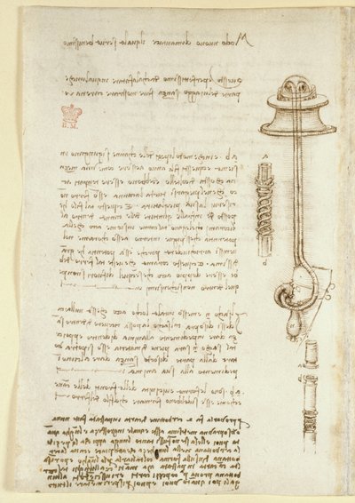 アランデル 263、f.24v 「Codex Arundel」からのレオナルドのダイバーの呼吸装置の研究 (1508 年) を示すメモとスケッチ (紙にペンとインク) 作： Leonardo da Vinci