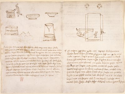 Arundel 263, f.259v, f.260 火薬を準備するための硝石の製造過程に関するメモと大雑把なスケッチ (レオナルドの手にはない) (紙にペンとインク) 作： Leonardo da Vinci