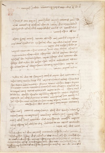 Arundel 263, f.25v 「Codex Arundel」からの水による侵食に関するメモとラフスケッチ (紙にペンとインク) 作： Leonardo da Vinci