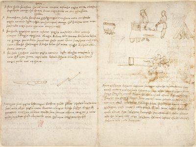 Arundel 263, f.260v さまざまな種類の接着剤を準備する 5 つの方法と、鉄を焼きなますプロセス、および「Codex Arundel」からの大雑把なスケッチ (レオナルドの手によるものではない) (紙にペンとインク) 作： Leonardo da Vinci