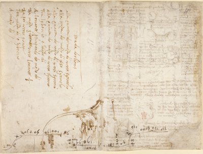 Arundel 263, f.263v, f.270 ロモランタン市からの「オルレアンへの道」の旅程を説明するメモとスケッチ (Francesco Melzi 作) (横から)、「Codex Arundel」から (紙にペンとインク) ) 作： Leonardo da Vinci