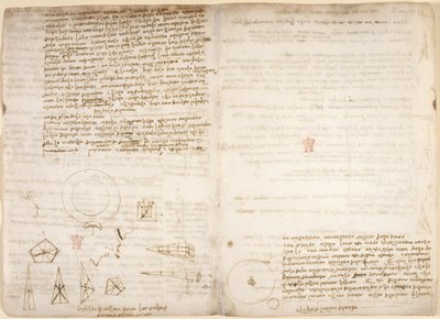 Arundel 263、f.266v、f.267 宇宙論に関する注記 (上下逆)。 重心に関するレオナルドの観察を示す図、「コーデックス アランデル」、1506～8 年頃（紙にペンとインク） 作： Leonardo da Vinci
