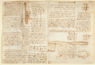 Arundel 263 f.269v, f.264 「Codex Arundel」の油圧装置に関するメモとスケッチ (紙にペンとインク) 作： Leonardo da Vinci