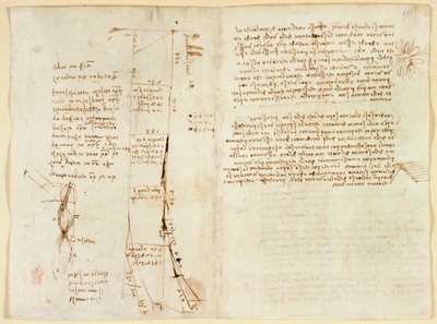 Arundel 263 f.273v, f.276 「Codex Arundel」より、アルノ川の平面図とフィレンツェの橋に関するメモ 作： Leonardo da Vinci