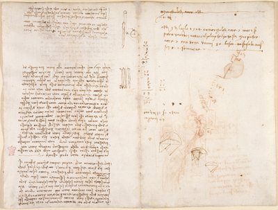 Arundel 263, f.277v, f.272 「Codex Arundel」からの機械に関するメモとスケッチ (紙にペンとインク) 作： Leonardo da Vinci