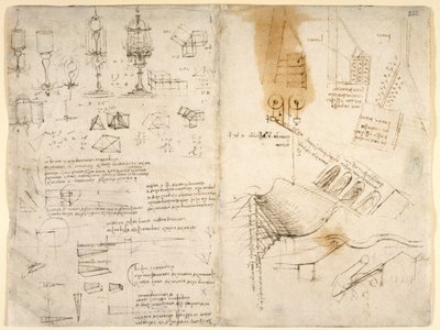 Arundel 263、f.283v、f.282 ヒンジ付きランプのスケッチ。 力学に関する注意事項; 数学的計算; 幾何学的なスケッチ (紙にペンとインク) 作： Leonardo da Vinci