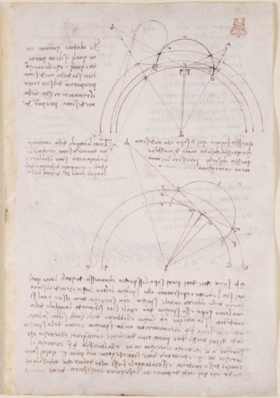 Arundel 263, f.28 Alhazen の問題に言及した、光学に関するメモと幾何学的図 作： Leonardo da Vinci