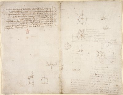 Arundel 263, f.35v, f.34 機械的な力と力、打楽器、重力、運動、光学、天文学に関するさまざまな算術的および幾何学的命題を含む図。 作： Leonardo da Vinci
