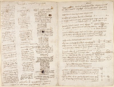 Arundel 263, f.42v, f.43 「コデックス アランデル」からのレオナルドの予言 (「Profetie」) の短いテキスト (紙にペンとインク) 作： Leonardo da Vinci